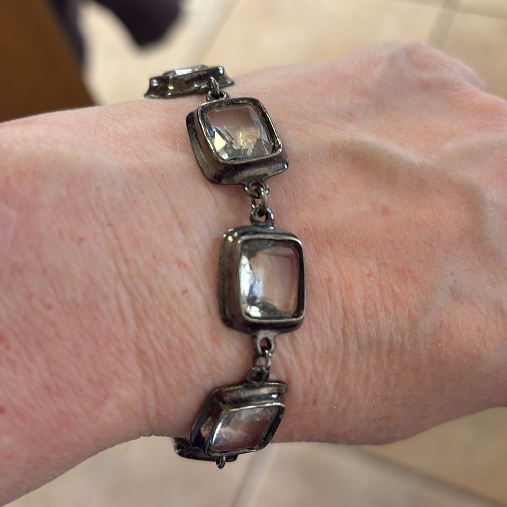 Clear Glass Square Silver Tone Link Bracelet - Picture 3 of 3